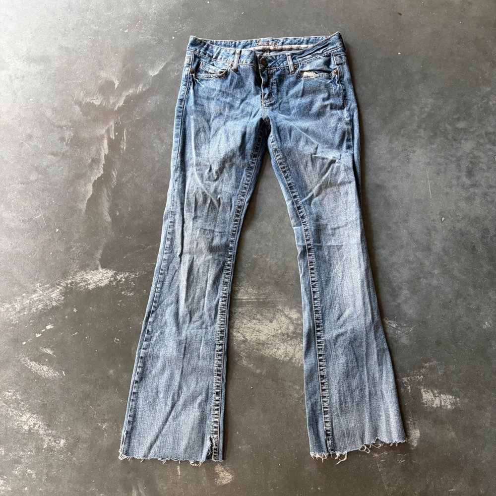 Amethyst Jeans Womens Blue Low Rise Flare Raw Hem Denim Jeans